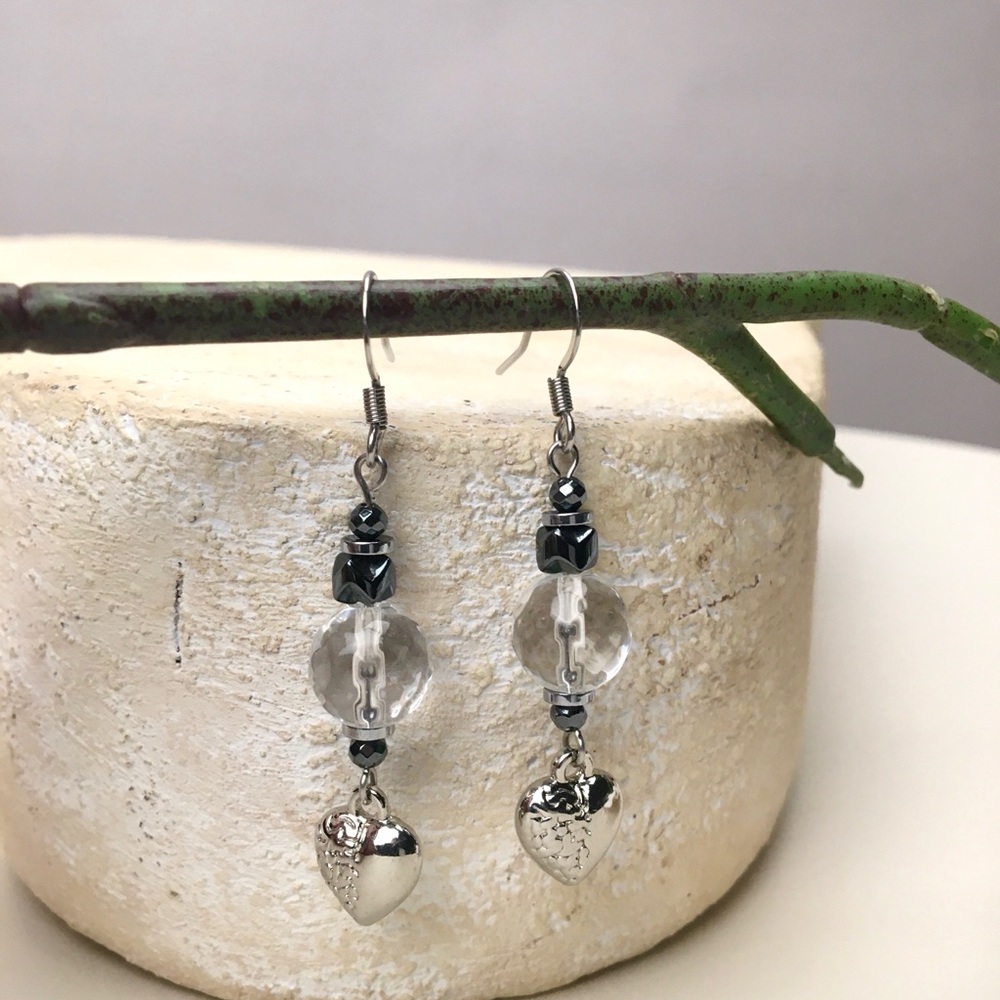 Handmade heart earrings clear quartz